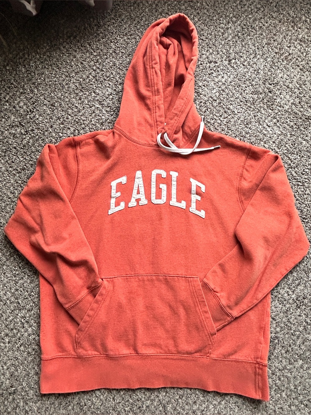 American Eagle Rust Orange Pullover Hoodie with White Drawstrings
